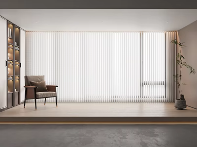 Modern Interior Space With White Window Blinds Armchair Bookshelf And Potted Plant 3d model