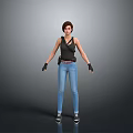 Woman in Black Tank Top and Blue Jeans Standing with Black Gloves Against Gray Background