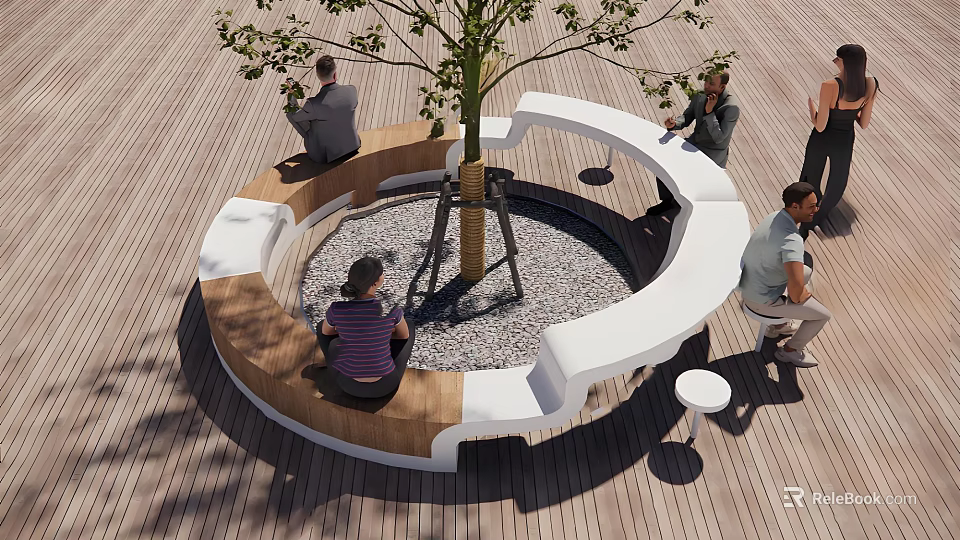 Modern Tree Pit with Circular Seating Wooden White Benches and People Sitting in Outdoor Space 3d model 
