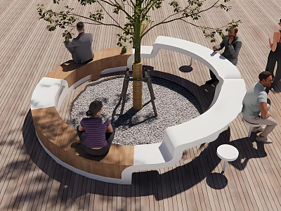 Modern Tree Pit with Circular Seating Wooden White Benches and People Sitting in Outdoor Space 3d model