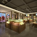 Chinese Style Specialty Store Interior With Wooden Counters Green Plants And Round Mirror
