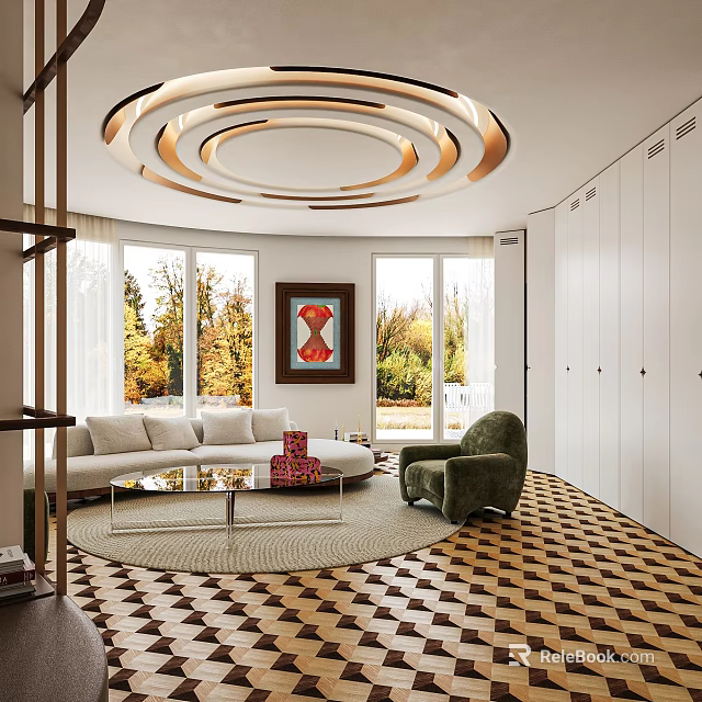 Modern Elegant Living And Dining Interior With Unique Circular Ceiling Light And Panoramic Outdoor Views 3d model 