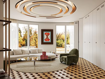 Modern Elegant Living And Dining Interior With Unique Circular Ceiling Light And Panoramic Outdoor Views 3d model
