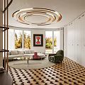 Modern Elegant Living And Dining Interior With Unique Circular Ceiling Light And Panoramic Outdoor Views