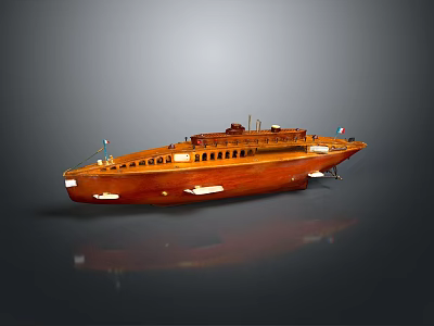 Orange Wooden Boat Model With Detailed Deck Windows And Flags On 3d model