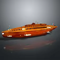 Orange Wooden Boat Model With Detailed Deck Windows And Flags On