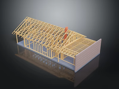 Wooden House Frame Structure with Roof Trusses Wall Framing and Brick Foundation 3d model