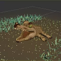 Cartoon Reptile Crocodile With Open Mouth Sharp Teeth On Muddy Ground And Green Grass