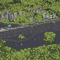 Aerial Planning of Riverfront Development With Lush Greenery Islands and Residential Buildings