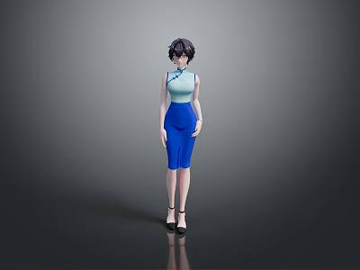 Woman In Light Blue Cheongsam Top And Blue Skirt With Black High Heels Standing 3d model