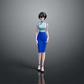 Woman In Light Blue Cheongsam Top And Blue Skirt With Black High Heels Standing