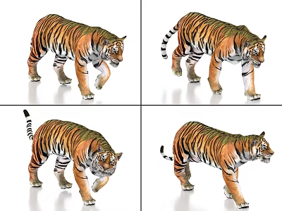 Realistic Tiger 3D Models In Four Different Walking Poses And Angles 3d model