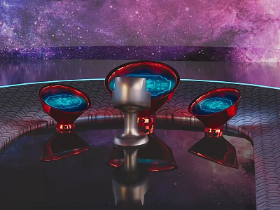 Starry Sky Themed Futuristic Console With Red Edged Blue Glowing Devices On Silver Metal Base 3d model