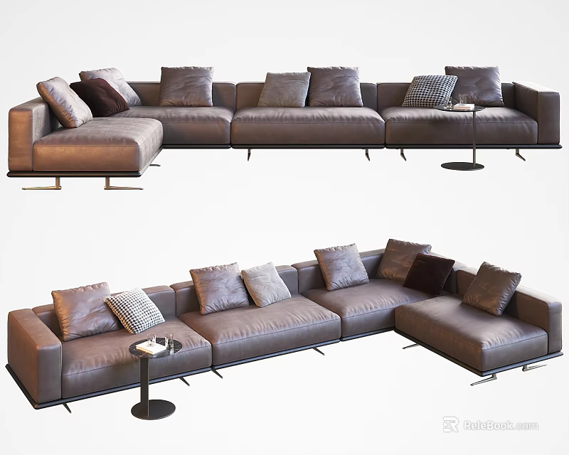 Modern Brown Leather Sectional Sofa With Round Coffee Table And Decorative Pillows 3d model