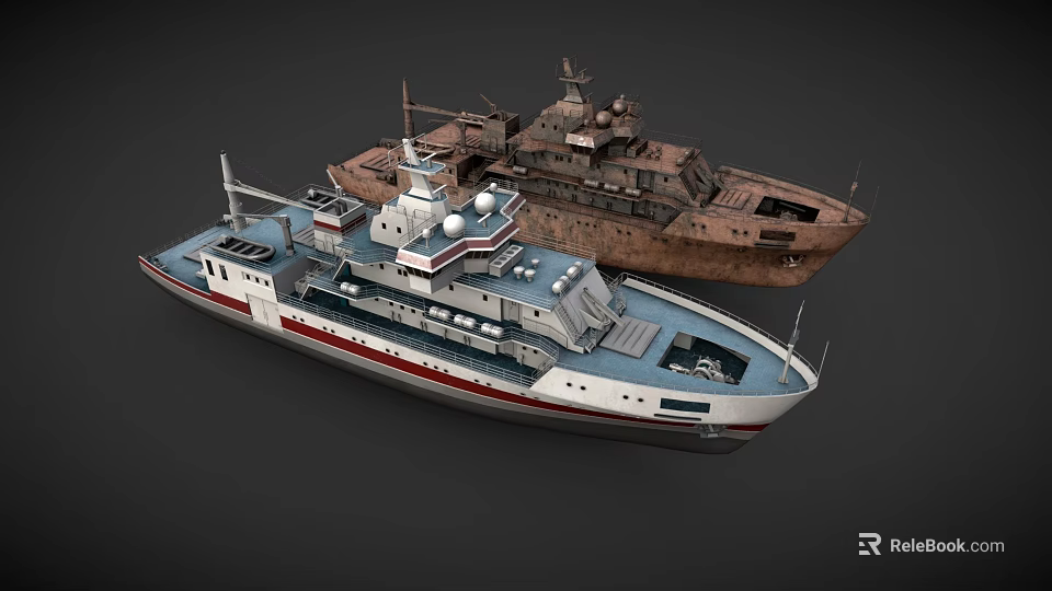 Modern White Red Stripe Ship With Rusted Vintage Vessel And Deck Facilities 3d model 
