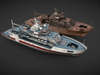 Modern White Red Stripe Ship With Rusted Vintage Vessel And Deck Facilities 3d model