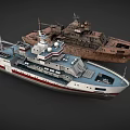 Modern White Red Stripe Ship With Rusted Vintage Vessel And Deck Facilities
