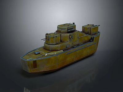 Brass Colored Military Ship Model With Turrets And Deck Structures 3d model