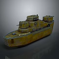 Brass Colored Military Ship Model With Turrets And Deck Structures
