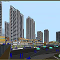 Modern Urban Commercial Complex With High Rise Buildings Street Pedestrians And Vehicles