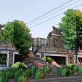 Old Brick Building Covered With Vines Surrounded By Trees And Electric Pole Under Blue Sky