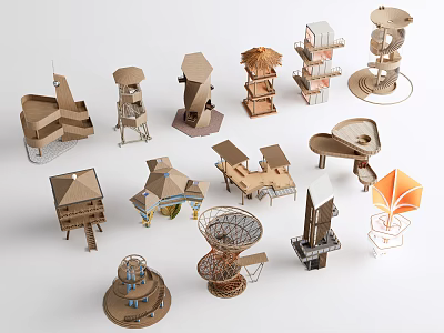 Garden Landscape Architectural Models Featuring Creative Wooden And Cardboard Structures 3d model