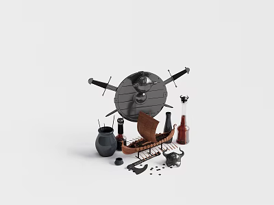 Decorative Ornament Set With Round Shield Crossed Swords Small Boat Black Jar Bottles And Teapot 3d model