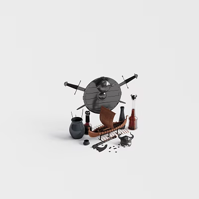 Decorative Ornament Set With Round Shield Crossed Swords Small Boat Black Jar Bottles And Teapot 3d model