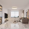Modern Living and Dining Room Interior Design With Sofa Coffee Table TV Wall And Marble Floor