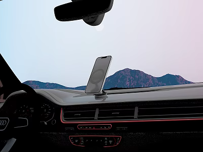 Car Phone Mount For Smartphone On Dashboard In Car Interior With Mountain View 3d model