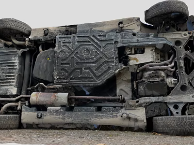Overturned Car Underbody View With Tires Exhaust Pipe And Damaged Parts 3d model