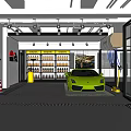 Auto 4S Shop Interior Featuring Yellow Sports Car Bright Lighting Shelves And Glass Doors
