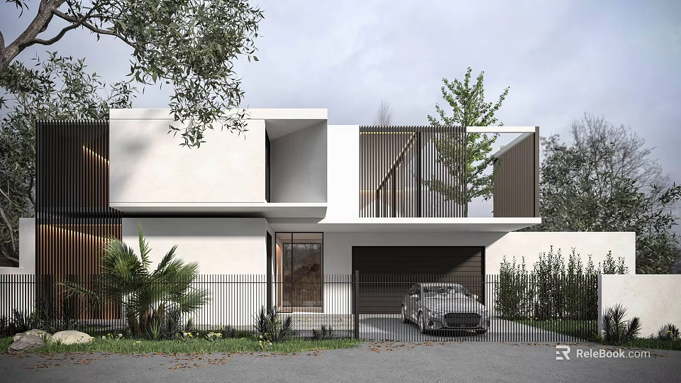 Modern Detached Villa With White Exterior Black Balcony Railings Garage And Parked Car 3d model 