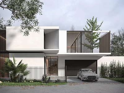 Modern Detached Villa With White Exterior Black Balcony Railings Garage And Parked Car 3d model
