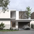 Modern Detached Villa With White Exterior Black Balcony Railings Garage And Parked Car