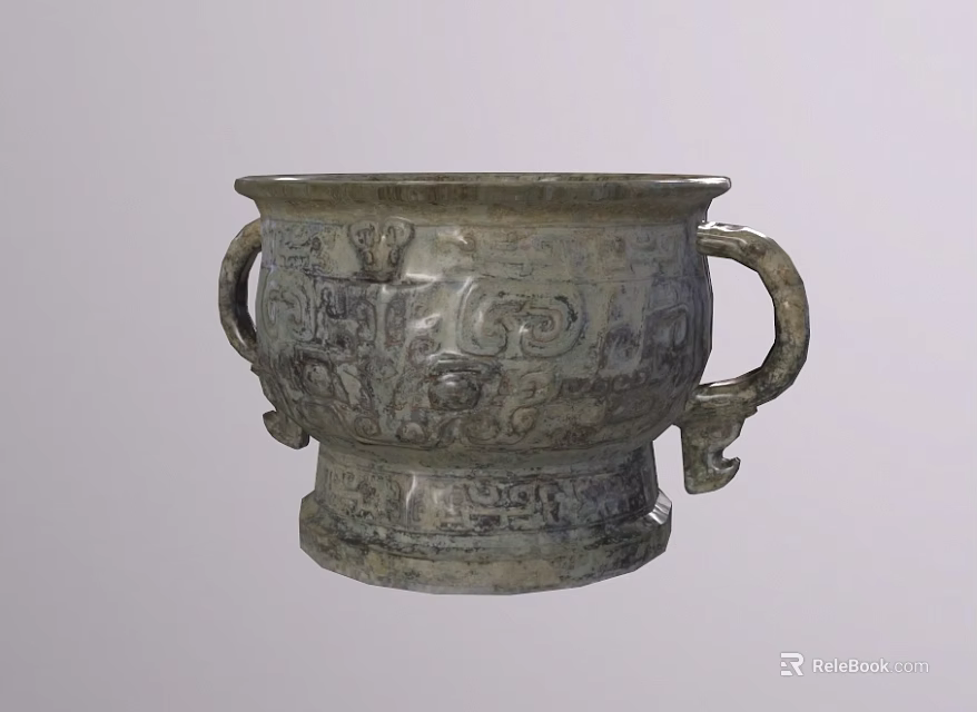 Ancient Bronze Vessel With Double Handles And Intricate Mythical Carvings Design 3d model 