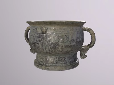 Ancient Bronze Vessel With Double Handles And Intricate Mythical Carvings Design 3d model
