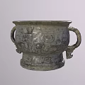 Ancient Bronze Vessel With Double Handles And Intricate Mythical Carvings Design