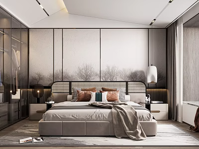 Modern Bedroom Interior Design With Upholstered Headboard Pillows Nightstands And Pendant Light 3d model
