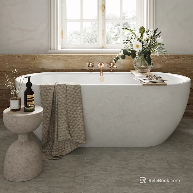 Elegant Bathroom Design Featuring Freestanding White Bathtub Wooden Accent Wall Linen Towel And Floral Vase 3d model 