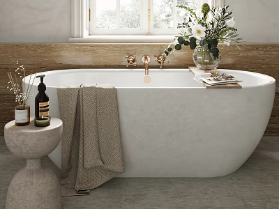 Elegant Bathroom Design Featuring Freestanding White Bathtub Wooden Accent Wall Linen Towel And Floral Vase 3d model