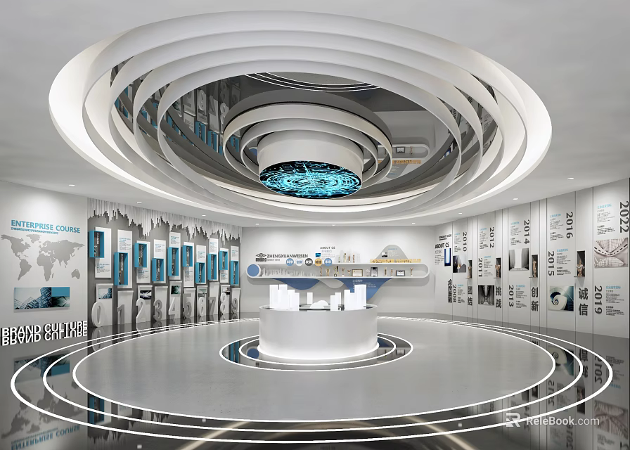Modern Exhibition Hall With Spiral Ceiling Central Blue Screen White Platform And Wall Displays 3d model 