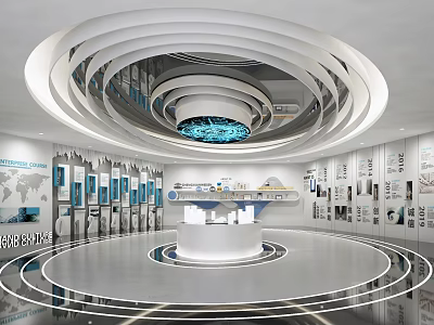 Modern Exhibition Hall With Spiral Ceiling Central Blue Screen White Platform And Wall Displays 3d model
