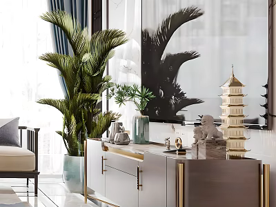 Elegant TV Cabinet Interior With Decorative Ornaments Green Plants And Wall Art 3d model