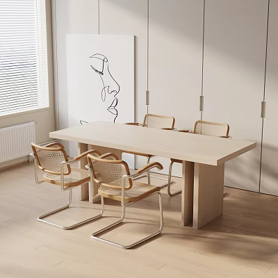 Modern Minimalist Light Wood Rectangular Dining Table Set With Rattan Back Chairs And Metal Legs 3d model