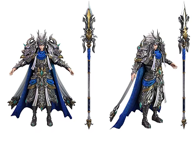 Fantasy Game Character With Ornate Silver Armor Blue Flowing Cape Decorative Spear And Dynamic Poses 3d model