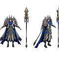 Fantasy Game Character With Ornate Silver Armor Blue Flowing Cape Decorative Spear And Dynamic Poses 3d model