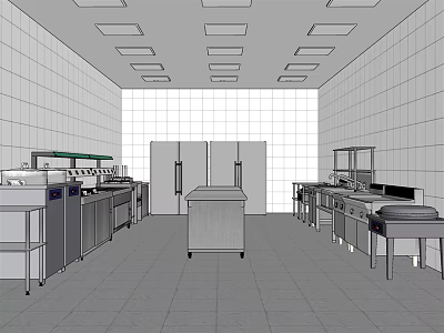 Commercial Kitchen Layout With White Tiled Walls Stainless Steel Equipment And Recessed Lights 3d model