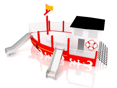 Red Ship Shaped Outdoor Playground Equipment With Slides Cabin Safety Railing And Lifebuoy 3d model