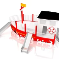 Red Ship Shaped Outdoor Playground Equipment With Slides Cabin Safety Railing And Lifebuoy